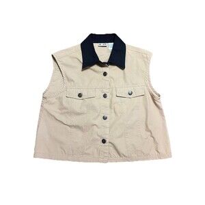 Sun River Beige Sleeveless Vest, Black Collar, Size L, 100% Cotton